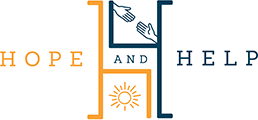 Hope and Help logo featuring a sun and a hands reaching out for help.
